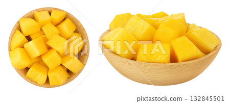 mango diced in wooden bowl isolated on white background. Top view. Flat lay mango diced in wooden bowl isolated on white background. Top view. Flat lay 132845501