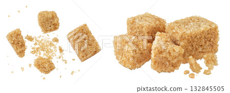 brown sugar cubes isolated on white background. Top view, flat lay 132845505