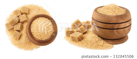 Pile of brown granulated sugar and sugar cubes in wooden bowl isolated on white background. Top view, flat lay 132845506