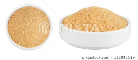 The brown sugar in ceramic bowl isolated on white background. Top view. Flat lay The brown sugar in ceramic bowl isolated on white background. Top view. Flat lay 132845519