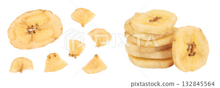 Dried banana chips isolated on white background with full depth of field. Top view. Flat lay Dried banana chips isolated on white background with full depth of field. Top view. Flat lay 132845564