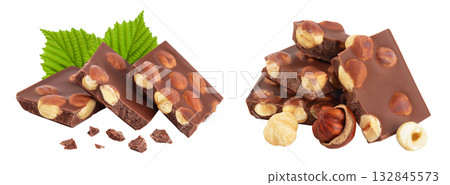 Chocolate with hazelnuts isolated on white background with full depth of field. Chocolate with hazelnuts isolated on white background with full depth of field. 132845573