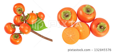 Persimmon fruit on the branch isolated on white background with full depth of field. Top view. Flat lay Persimmon fruit on the branch isolated on white background with full depth of field. Top view. Flat lay 132845576