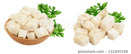 diced celery root in wooden bowl isolated on white background diced celery root in wooden bowl isolated on white background 132845599