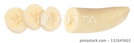 peeled banana pieces isolated on white background with full depth of field. Top view. Flat lay. 132845601