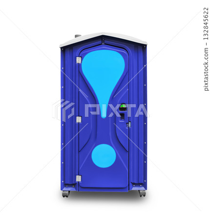 A bright blue portable toilet (porta-potty) with a distinctive light blue exclamation mark graphic on the door, isolated on white. 132845622