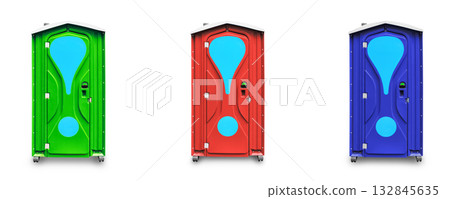 A row of three colorful portable toilets (green, red, blue), each with a light blue exclamation mark graphic, isolated on white. A row of three colorful portable toilets (green, red, blue), each with a light blue exclamation mark graphic, isolated on white. 132845635