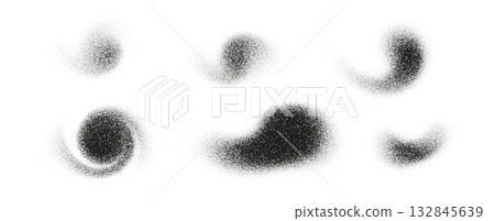 Abstract noise and grain vector set with dot spray and gradient texture. Black and white halftone shapes creating a dusty grunge effect. Perfect for background, design, and artistic decoration 132845639