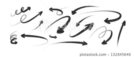 Hand drawn vector arrow set with rough brush texture and charcoal effect. Abstract sketch arrows in black and white, isolated on background. Grunge pencil doodle lines for design, art, and decoration 132845640