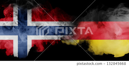 Norway and Germany flags in smoke representing diplomacy and cooperation. Handmade copy space collage Norway and Germany flags in smoke representing diplomacy and cooperation. Handmade copy space collage 132845668