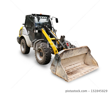 A gray and yellow compact wheeled loader with a large, soiled bucket and articulated steering, isolated on a white background. 132845829