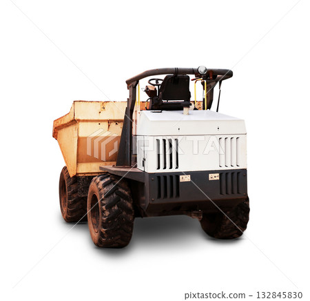 A rugged, white and yellow construction site dumper with a large skip bucket and deep-tread tires, seen from the rear, isolated on white. A rugged, white and yellow construction site dumper with a large skip bucket and deep-tread tires, seen from the rear, isolated on white. 132845830