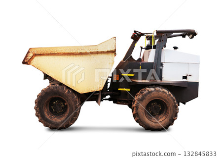 A rugged, white and black construction site dumper with a large, rusted skip bucket and muddy tires, viewed from the side, isolated on white. A rugged, white and black construction site dumper with a large, rusted skip bucket and muddy tires, viewed from the side, isolated on white. 132845833