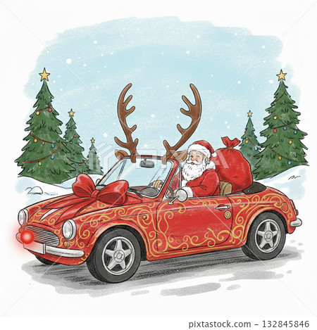 聖誕老人乘坐紅色汽車，載著幸福 132845846