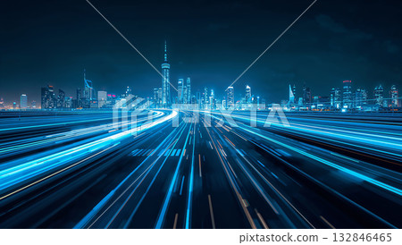 Illuminated city skyline with light trails at night 132846465
