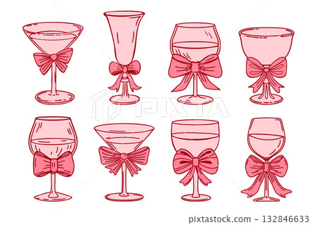 Hand drawn drinkware with decorative pink bows set. Collection of elegant pink cocktail and wine glasses with bows. Sketch illustration. 132846633