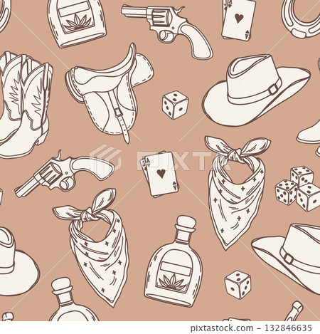 Seamless pattern with cowboy elements. Rustic cowboy gear and western background. 132846635