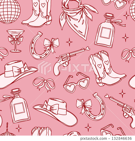 Seamless pattern with cowgirl elements. Pink cowgirl party essentials background. 132846636