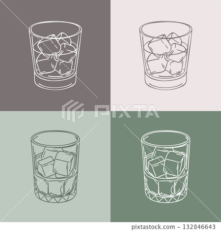 Collection of whiskey glasses with ice cubes. Line art. 132846643