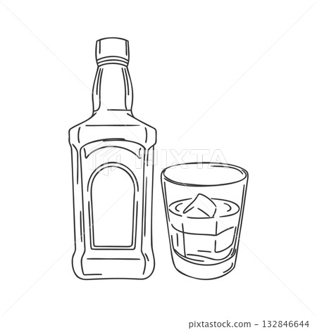 Whiskey bottle and glass with ice cubes on white background. Line drawing. Illustration. Whiskey bottle and glass with ice cubes on white background. Line drawing. Illustration. 132846644