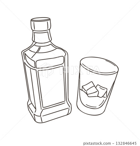 Whiskey bottle and glass with ice cubes on white background. Line drawing. Illustration. Whiskey bottle and glass with ice cubes on white background. Line drawing. Illustration. 132846645
