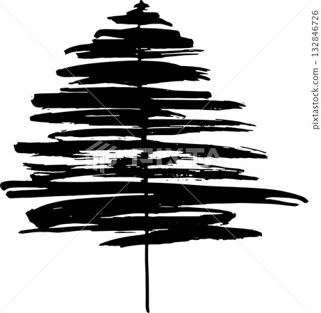 Real Hand Drawn Illustration Grunge Watercolor Spruce. 132846726