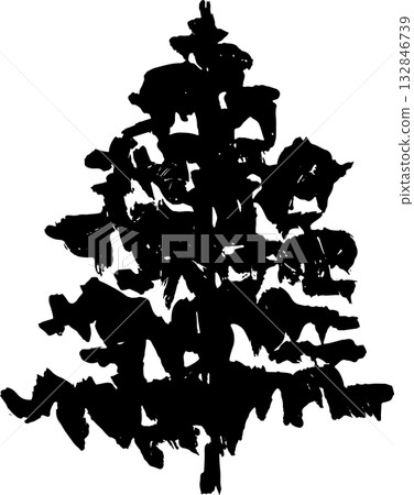 Real Hand Drawn Illustration Grunge Watercolor Spruce. 132846739