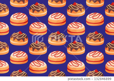 Seamless pattern featuring rows of traditional sufganiyot. flat style. Hanukkah donuts Seamless pattern featuring rows of traditional sufganiyot. flat style. Hanukkah donuts 132846899