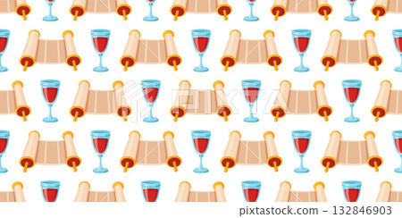 Seamless pattern rolled scrolls Torahs and wine glasses with red wine 132846903