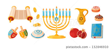 Hanukkah icons set. menorah, dreidels, coins, Torah, yarmulke, sufganiyot, pomegranates 132846910