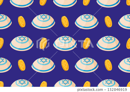 Seamless pattern with Jewish yarmulkes or kippahs and gold Hanukkah gelt coins 132846919