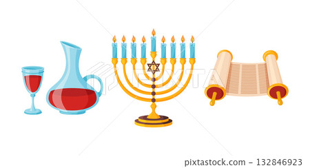 Set of Jewish holiday elements. menorah, Torah scroll, carafe and glass of red wine 132846923