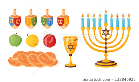 Jewish holiday items set. dreidels, apples, challah bread, golden Kiddush cup, lit menorah Jewish holiday items set. dreidels, apples, challah bread, golden Kiddush cup, lit menorah 132846925