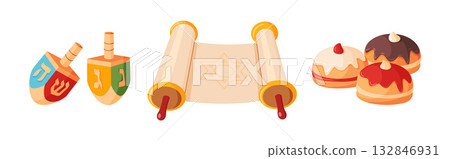 Hanukkah icons set. dreidels, rolled scroll Torah with Star of David, and sufganiyot donuts 132846931