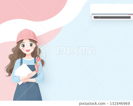 美優系列：美優身穿工作服，頭戴頭盔，正在檢查一台商用空調。 132846969