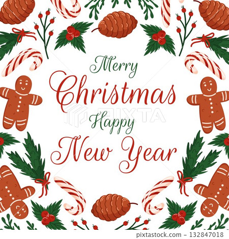 Christmas greeting card with text. Design with gingerbread man, candy cane, pinecone, holly berry and evergreen branch in flat style. Design for bakery. 132847018