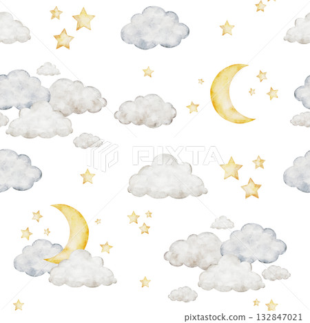 Crescent moon, clouds and stars. Cute seamless pattern. Watercolor Isolated weather baby illustration. Children's celestial background for kids goods,linen, pajamas and children's room Crescent moon, clouds and stars. Cute seamless pattern. Watercolor Isolated weather baby illustration. Children's celestial background for kids goods,linen, pajamas and children's room 132847021