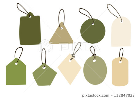 Set of blank eco paper tags in natural green and beige tones with various shapes and strings. Concept of sustainability, handmade packaging and eco friendly product labeling Set of blank eco paper tags in natural green and beige tones with various shapes and strings. Concept of sustainability, handmade packaging and eco friendly product labeling 132847022