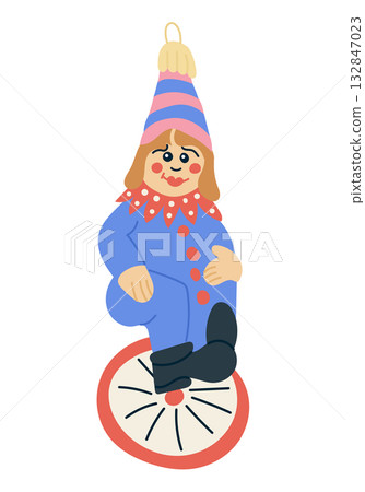 Vintage clown ornament in blue and red outfit riding a unicycle, designed in flat style. Concept of festive decoration, nostalgia and cheerful holiday spirit 132847023