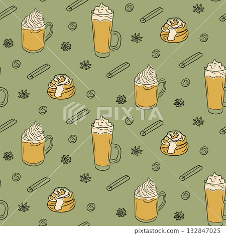 Seamless pattern with pumpkin spice latte, cinnamon rolls, sticks and star anise on green background. Concept of autumn coziness, seasonal drinks and sweet comfort food 132847025