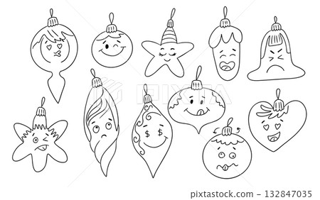 Christmas tree ornaments with various emotional faces in black and white outline style. Concept of festive decoration, emotional expression and holiday coloring activity Christmas tree ornaments with various emotional faces in black and white outline style. Concept of festive decoration, emotional expression and holiday coloring activity 132847035