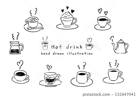 Cute hot drink line drawing set Cute hot drink line drawing set 132847041