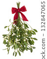 Traditional mistletoe bunch tied with classic red ribbon, isolated for christmas and holiday decor, symbolizing love, tradition, festive celebration 132847065