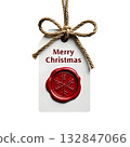 Merry christmas gift tag with authentic red wax seal and natural jute rope bow, adding rustic and vintage touch to your holiday presents 132847066