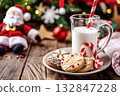Milk and cookies for Santa Claus under the tree. Treat for Santa. New Year and Christmas concept. 132847228