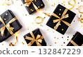 Black gift boxes and golden bow, confetti on a white background. Christmas, birthday, black friday sale concept 132847229
