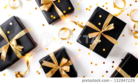 Black gift boxes and golden bow, confetti on a white background. Christmas, birthday, black friday sale concept Black gift boxes and golden bow, confetti on a white background. Christmas, birthday, black friday sale concept 132847229