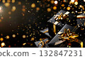 Black gift boxes and golden bow, confetti on dark background. Copy space. Christmas, birthday, black friday sale concept 132847231