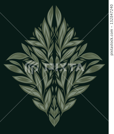 Vector symmetrical leaf ornament in deep green tones. Elegant nature-inspired design with stylized foliage and calm palette 132847240