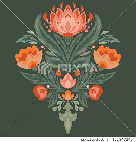 Vector decorative floral composition in folk art style. Orange and green flowers with symmetrical design on a dark background. 132847242